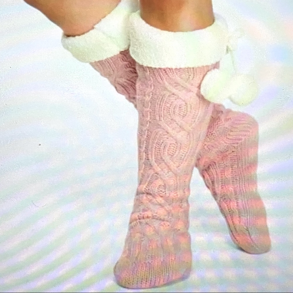 PINK Victoria Secret Pom Pom Cable Knit sweater and Sherpa Slipper Socks
